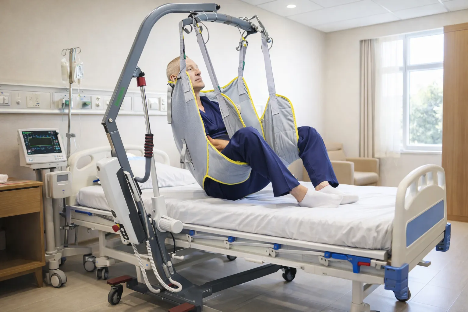 Pesakit menggunakan transfer hoist di hospital